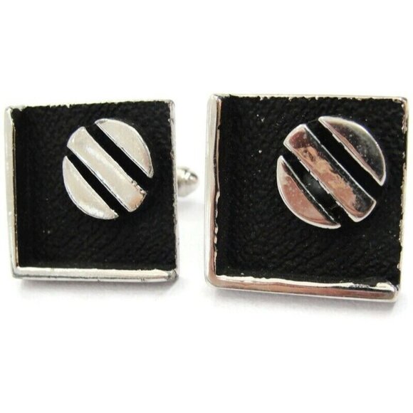Flat Black Enamel Square Circle Line Centers Cufflinks Silver Tone Shirt Vtg - Picture 2 of 8